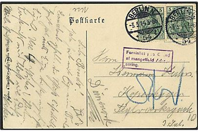 10 pfennig på postkort fra Berlin d. 3.5.1914 til København Rammestempel angående forsinkelse på grund af mangelfuld adresse.
