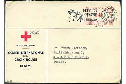 40 c. frankostempel på fortrykt kuvert fra Internationalt Røde Kors i Geneve d. 16.8.1951 til Göteborg, Sverige. Indeholder takkeskrivelse vedr. test af radioudsendelse fra Internationalt Røde Kors's krigsfangeafdeling.