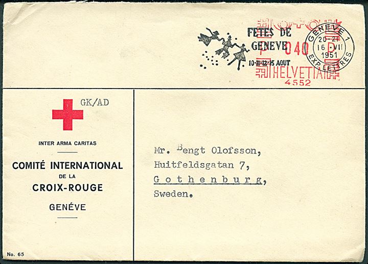 40 c. frankostempel på fortrykt kuvert fra Internationalt Røde Kors i Geneve d. 16.8.1951 til Göteborg, Sverige. Indeholder takkeskrivelse vedr. test af radioudsendelse fra Internationalt Røde Kors's krigsfangeafdeling.