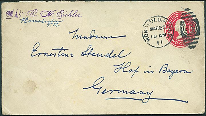 Amerikansk 2 cents helsagskuvert stemplet Honolulu / Oahu d. 20.3.1911 til Hof, Bayern, Tyskland.