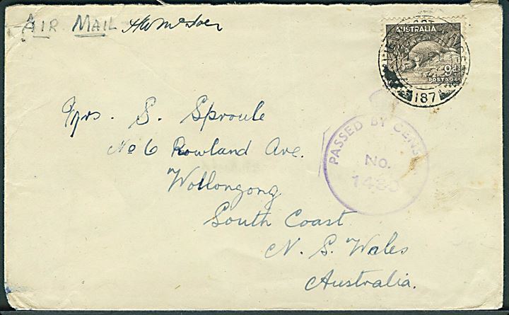 9d Næbdyr på luft-feltpostbrev annulleret med brotisk feltpoststempel Field Post Office 189 (= Alexandria, Egypten) d. 13.9.1942 til Wollongong, Australien. Unit censur No. 1438.