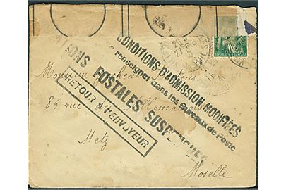 1 fr. (defekt) på brev fra Villedier d. 27.10.1940 til Metz, Moselle. Retur pga. Postforbindelse indstillet via Detot General des Rubuts i Paris d. 9.1.1941. Bagklap mgl.
