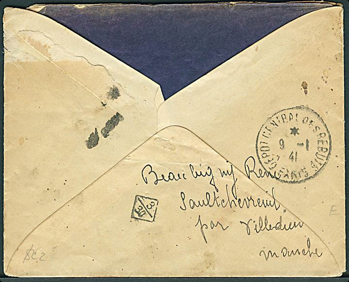 1 fr. (defekt) på brev fra Villedier d. 27.10.1940 til Metz, Moselle. Retur pga. Postforbindelse indstillet via Detot General des Rubuts i Paris d. 9.1.1941. Bagklap mgl.