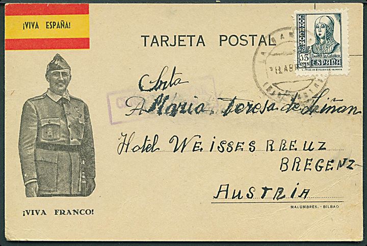 15 cts. Isabel på illustreret propaganda postkort med svagt stempel d. 28.4.1938 til Bregenz, Østrig. Lokal censur.