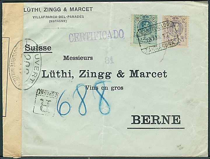 15 cts. og 50 cts. Alfonso XIII på anbefalet brev fra Tarragona d. 18.4.1917 via Barcelona til Bern, Schweiz. Åbnet af fransk censur.