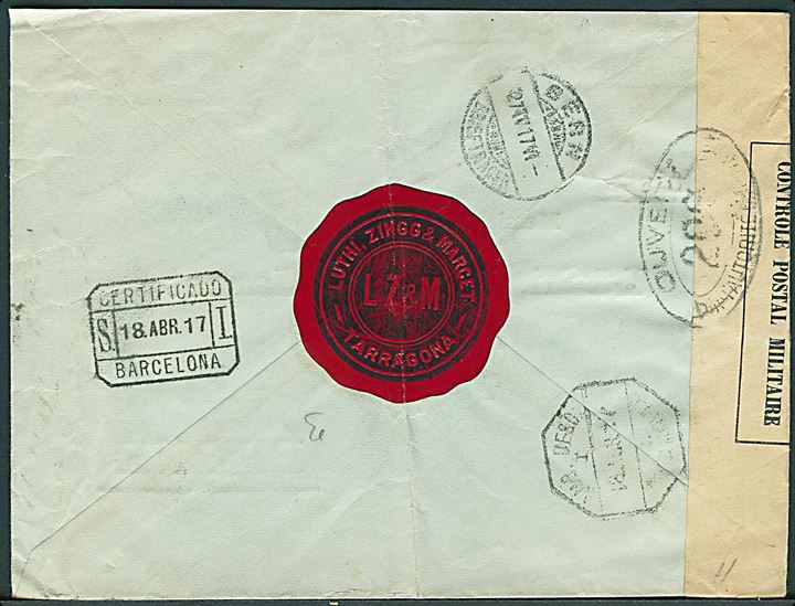 15 cts. og 50 cts. Alfonso XIII på anbefalet brev fra Tarragona d. 18.4.1917 via Barcelona til Bern, Schweiz. Åbnet af fransk censur.