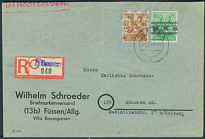 24 pfg. net overtryk og 84 pfg. bånd overtryk på anbefalet brev fra Füssen d. 31.8.1948 til München.