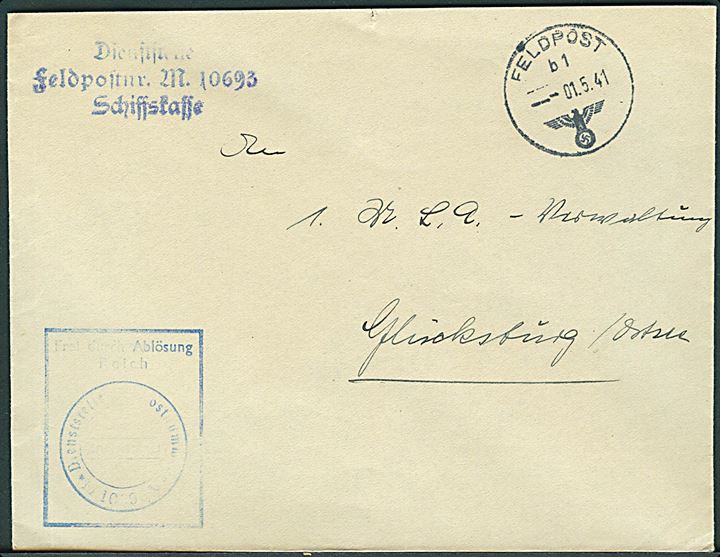 Ufrankeret feltpostbrev stemplet Feldpost B1 d. 1.5.1941 til Glücksburg. To forskellige stempler fra feldpost-nr. M10693 =  11. Minensuch-Flottillen-Kommando.