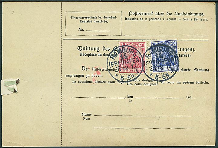 10 pfg., 20 pfg. og 50 pfg. Germania på for- og bagside af internationalt adressekort for pakke stemplet Hamburg 14 (Freihafen) d. 28.12.1912 til Davos, Schweiz.