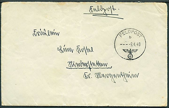 Ufrankeret feltpostbrev stemplet Feldpost b d. 9.4.1940. Sendt fra Feldpost-nr. 34985B = 1. Kompanie Festungs-Pionier-Bataillon 308. Sendt på dagen for Danmarks besættelse.