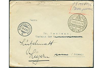 15.000.000 mk. barfrankeret brev påskrevet Taxe percue fra Todtmoos d. 11.10.1923 til Davos, Schweiz - eftersendt til Luzern.