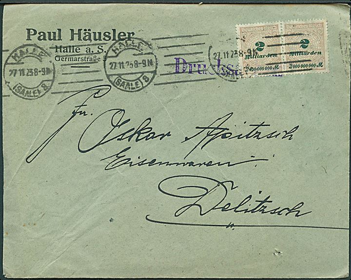 2 mia. mk. Infla udg. i parstykke på 4-fach frankeret tryksag fra Halle d. 27.11.1923 til Delitzsch. Takst 16.000.000.000 mk. (26.11.-1.12.1923).