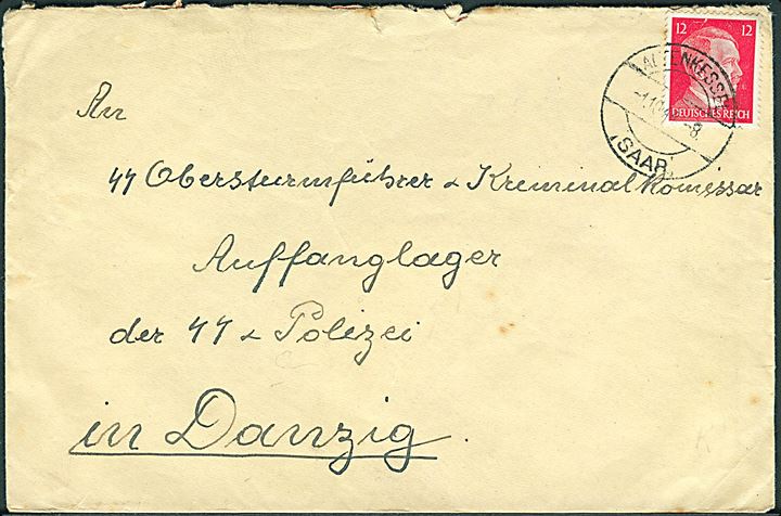 12 pfg. Hitler udg. på brev fra Altenkessel (Saar) d. 1.10.1944 til SS-Obersturmführer ved Auffanglager der SS und Polizei i Danzig.