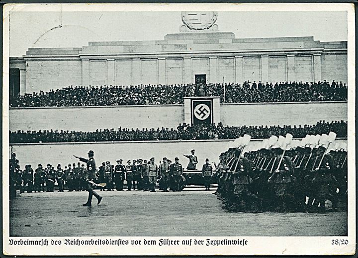 Reichsparteitag i Nürnberg 1938. Reichsarbeitsdienst marchere forbi Adolf Hitler. Frankeret med 6 pfg. Hindenburg og annulleret med særstempel Nürnberg Reichsparteitag d. 8.9.1938 til Süderlügum i Schleswig.