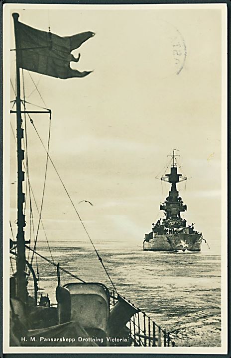Drottning Victoria, panserskib. Sveriges Flotta no. A 4c/44423. Frankeret med 10 öre Gustaf stemplet Postanstalten 1025* (= Karlskrona) d. 28.6.1943 til Malmö. 