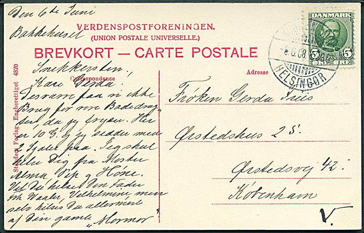 Snekkersten. Stenders no. 4820.Frankeret med 5 øre Fr. VIII annulleret Kjøbenhavn - Helsingør T.336 d. 8.6.1908.