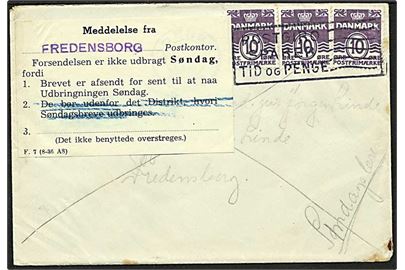 10 øre violet bølgelinie, 3 stribe, på søndagsbrev fra Odense d. 12.4.1941 til Fredensborg. Vignet angående forsent afsendelse, F. 7 (8-36 A8). Ank. i påsken 1941.