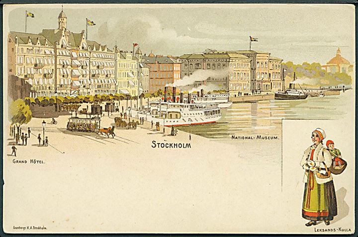 Stockholm, Sverige. Grand Hotel, National - Museum, Skibe i havnen. Leksands - Kulla. Granbergs u/no. 