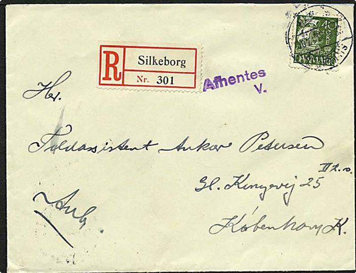 40 øre grøn karavel singelfrankatur på Rec. brev fra Silkeborg d. 29.4.1933 til København.