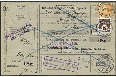 5 øre brun bølgelinie og 30 øre orange karavel på indbetalingskort fra Odense d. 1.3.1927 til Frederikssund.