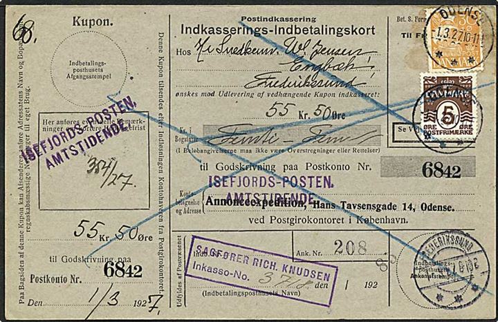 5 øre brun bølgelinie og 30 øre orange karavel på indbetalingskort fra Odense d. 1.3.1927 til Frederikssund.