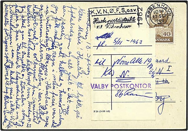 40 øre brun mølle på postkort fra København d. 17.9.1966 til Valby. Postal vignet med ny adresse, P 26 (3-50 A8).