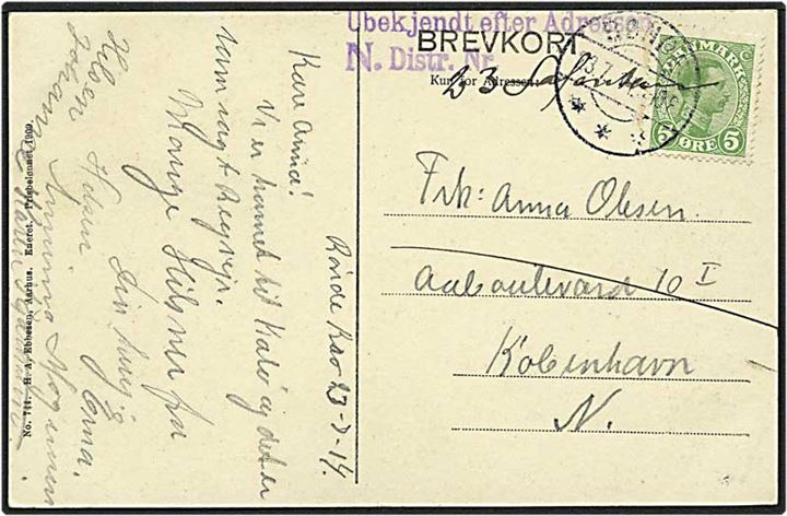 5 øre grøn Chr. X på postkort fra Rønde d. 13.7.1914 til København. Modtsageren ubekendt.