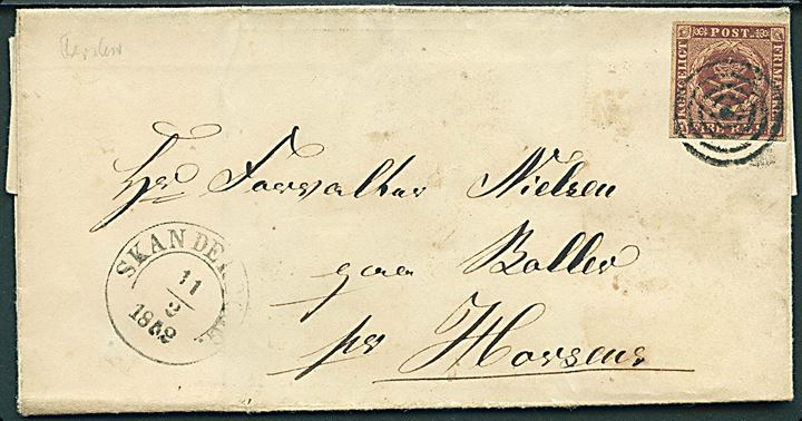 4 R.B.S. Ferslew på brev annulleret med stumt stempel og sidestemplet 1½-ringsstempel Skanderborg. d. 11.2.1852 til Ballev pr. Horsens.