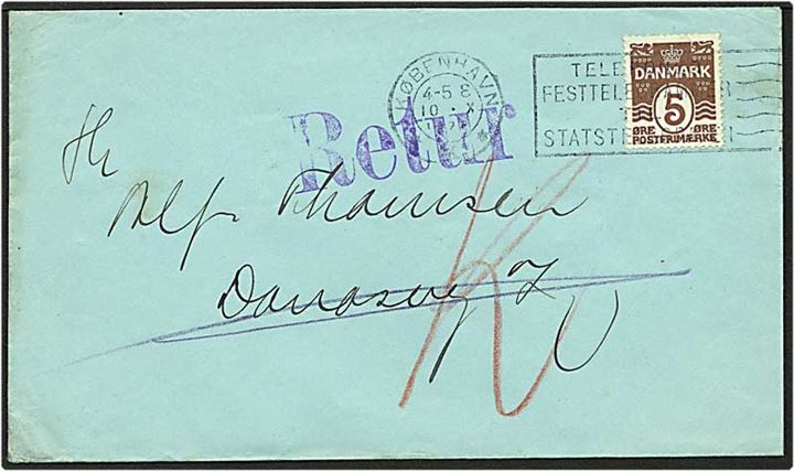 5 øre brun bølgelinie på lokalt sendt brev fra København d. 10.10.1928. Brevet er returneret med liniestempel Retur og Ubekendt efter Adressen.