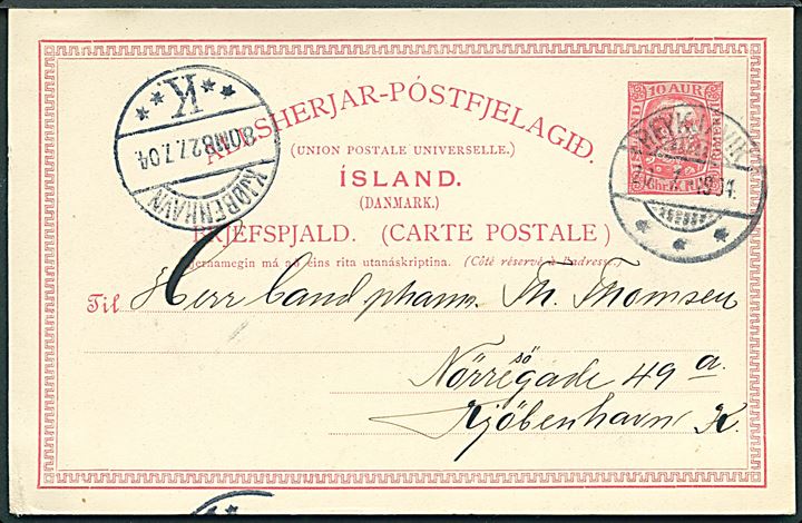 10 aur Chr. IX helsagsbrevkort fra Reykjavik d. 20.7.1904 til Kjøbenhavn. Ank.stemplet d. 27.7.1904. Uden meddelelse.