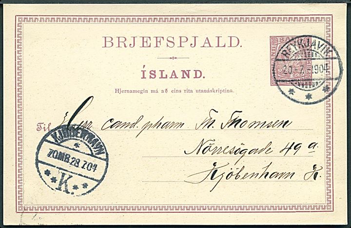 8 aur Chr. IX helsagsbrevkort fra Reykjavik d. 20.7.1904 til Kjøbenhavn. Ank.stemplet d. 28.7.1904. Uden meddelelse.