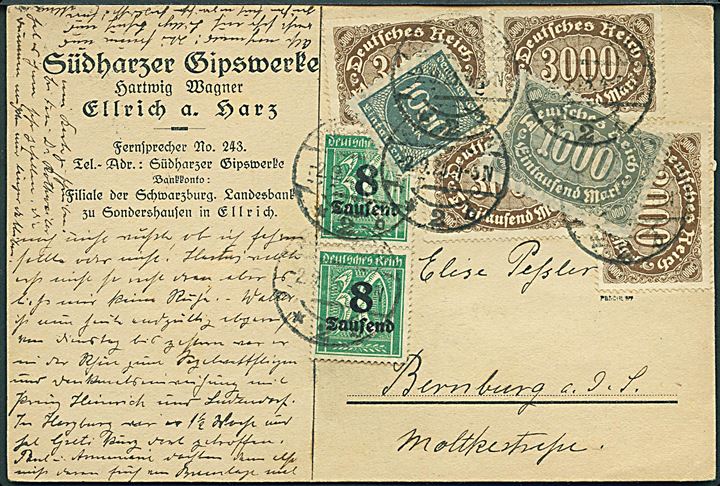 1000 mk. (3), 3000 mk. (4) og 8000/30 mk. (2) Infla udg. på 30.000 mk. frankeret brevkort fra Ellrich d. 2.9.1923 til Bernburg.