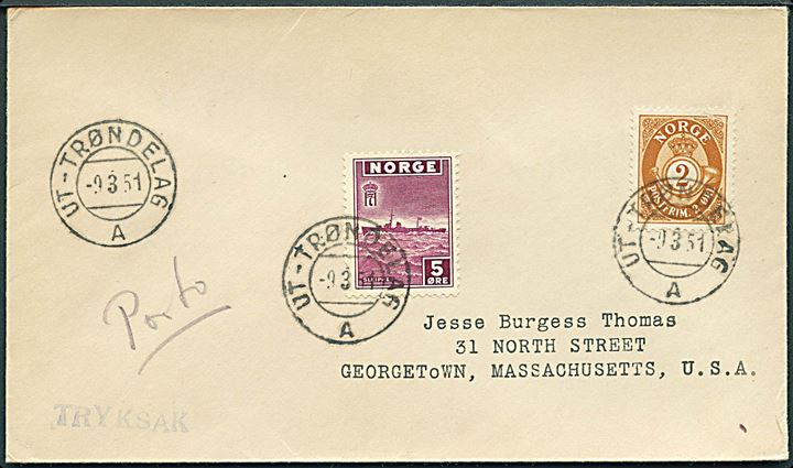 2 øre Posthorn og 5 øre London udg. på tryksag annulleret med sejlende bureaustempel Ut-Trøndelag A d. 9.3.1951 til Georgetown, USA.