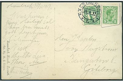 5 øre Chr. X indrammet som ugyldig på brevkort (Hornbæk Kro) fra Hornbæk d. 27.5.1917 opfrankeret med svensk 5 öre Gustaf stemplet Hälsingborg d. 28.5.1917 til Göteborg, Sverige.