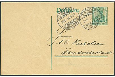 5 pfg. Germania helsagsbrevkort annulleret Osterhever (Schleswig) d. 29.6.1914 til Friedrichstadt. Luksus stempel fra Sydslesvig.