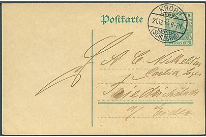 5 pfg. Germania helsagsbrevkort annulleret Kropp (Schleswig) d. 21.12.1914 til Friedrichstadt. Luksus stempel fra Sydslesvig.
