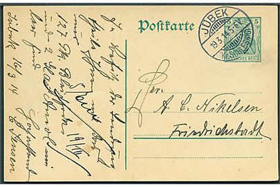5 pfg. Germania helsagsbrevkort annulleret Jübek (Kr. Schleswig) d. 19.3.1914 til Friedrichstadt. Luksus stempel fra Sydslesvig.