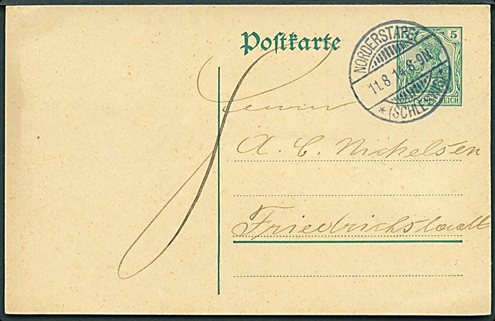 5 pfg. Germania helsagsbrevkort annulleret Norderstapel *(Schleswig)* d. 11.8.1914 til Friedrichstadt. Luksus stempel fra Sydslesvig.