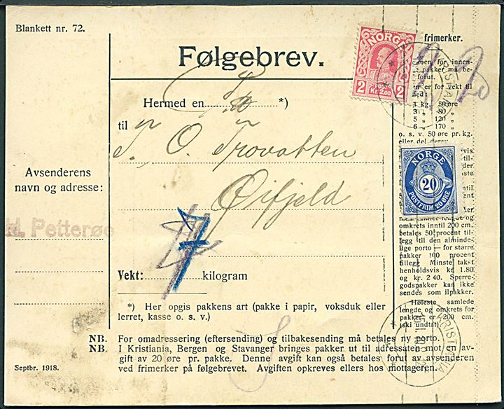 20 øre Posthorn og 2 kr. Haakon på adressekort for pakke fra Kristiania d. 15.1.1919 til Øifjeld.