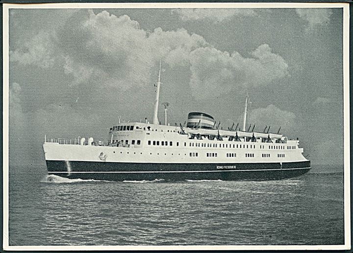 25 øre Fr. IX på brevkort (M/F Kong Frederik IX) annulleret med håndrulle skibsstempel Dansk Søpost / Gedser-Grossenbrode d. 1.7.1956 til København.