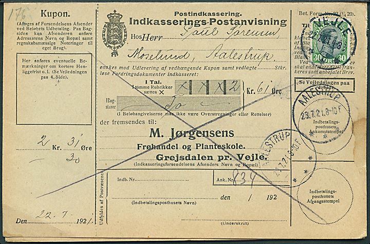 30 øre Chr. X single på retur Indkasserings-Postanvisning fra Vejle d. 22.7.1921 til Aalestrup.