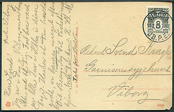 8 øre Bølgelinie på lokalt brevkort annulleret med brotype IIIb Viborg JB.P.E. d. 11.2.1925 til Viborg.