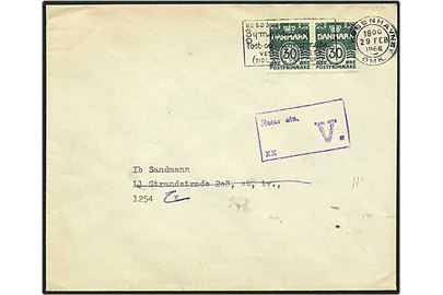 30 øre grøn bølgelinie på lokalt brev fra København d. 29.2.1968. Modtageren ubekendt og brevet er returneret. Kassestempel Retur afs V.
