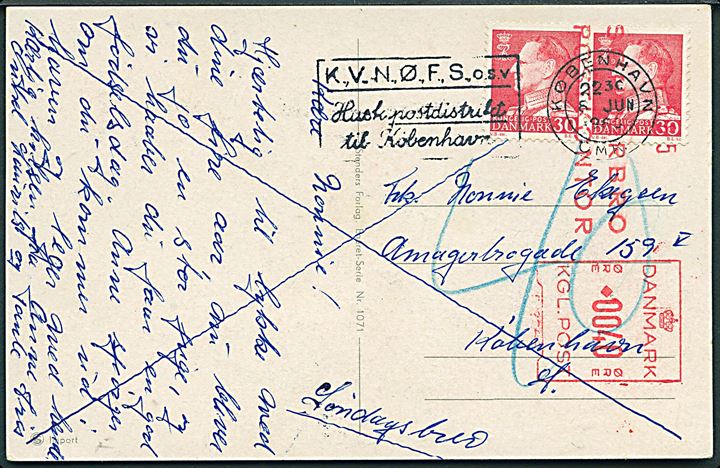 30 øre Fr. IX i parstykke på underfrankeret søndagsbrevkort sendt lokalt i København d. 6.6.1960. Udtakseret i porto med 40 øre rødt porto-maskinstempel fra Sønderbro Postkontor.