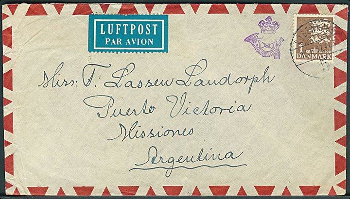 1 kr. Rigsvåben single på luftpostbrev fra København d. 13.8.1957 til Puerto Victoria, Argentina. Violet kronet porthorn portokontrolstempel.