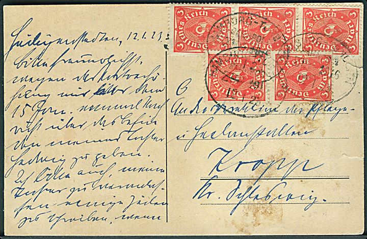 3 mk. (5) Infla udg. på brevkort annulleret med bureaustempel Hamburg - Tondern Bahnpost Zug 1916 d. 12.1.1923 til Kropp kr. Schleswig. Rift.