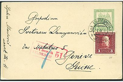 8 h. K.u.K. Feldpost helsagsbrevkort opfrankeret med 3 h. Franz Joseph Feldpost udg. stemplet K.u.K. Etappenpostamt Jagodina (Serbien) d. 21.4.1917 til Geneve, Schweiz. Censureret i Feldkirch.