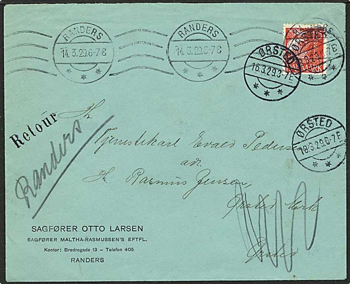 15 øre rød karavel på brev fra Randers d. 14.3.1929 til Ørsted. Brevet er returneret. Påskrevet: Adressaten bortrejst, hvorhen vides ikke.