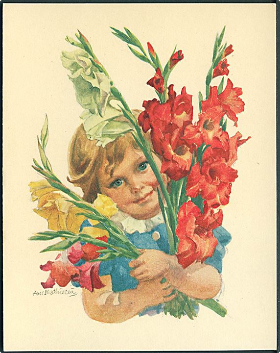Axel Mathiesen: Pige med en stor buket blomster. Dobbeltkort. Uden adresselinier. L. Levison Jr. SC 5267. 