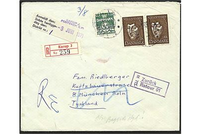 30 øre grøn bølgelinie og 1 kr. brun Niels Stensen på Rec. brev fra Karup. J. d. 18.5.1971 til München, Tyskland. Brevet er ikke afhentet.